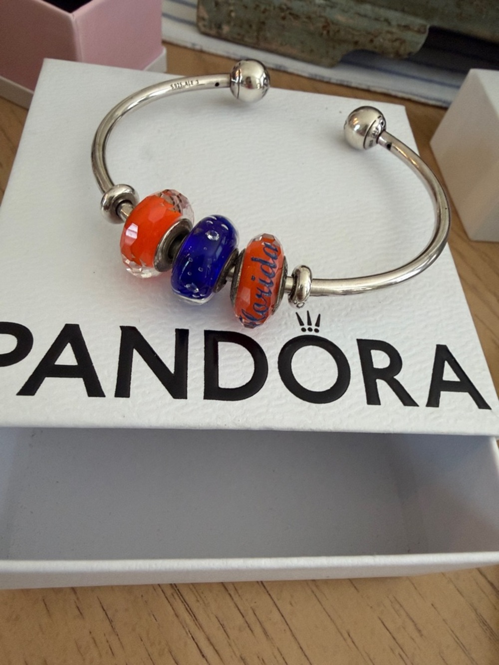 Pandora Silver Bangle with Orange and Blue Murano Glass Charms